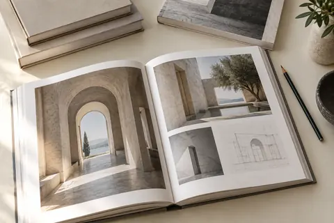 Livre d’art illustré ouvert sur une table
