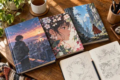Albums illustrés et carnet sur une table de librairie