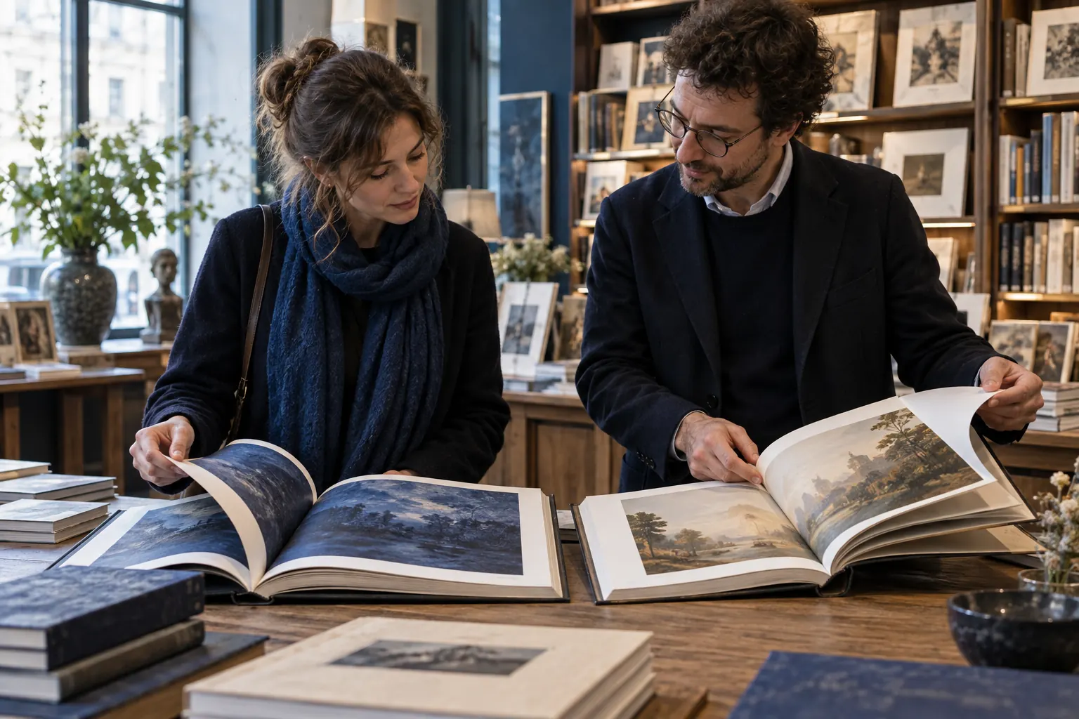 Lectrice et libraire comparant deux grands livres illustrés ouverts sur une table