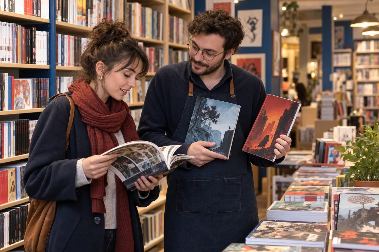 Libraire conseillant une lectrice dans un rayon de bandes dessinées et mangas