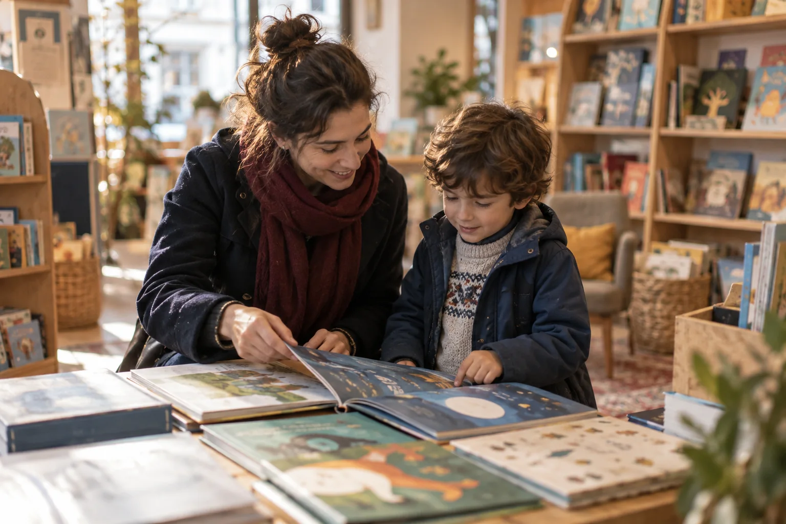 Adulte et enfant découvrant ensemble des albums dans le rayon jeunesse d’une librairie