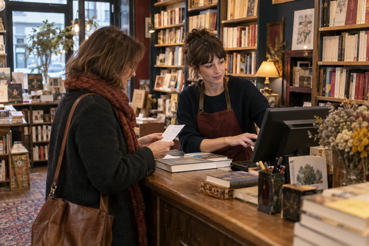 Libraire aidant une lectrice à commander un ouvrage précis depuis le comptoir d’une librairie indépendante