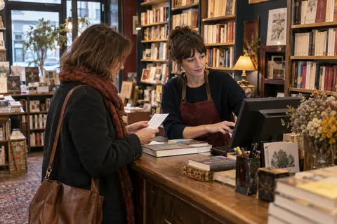 Libraire aidant une lectrice à commander un ouvrage depuis le comptoir