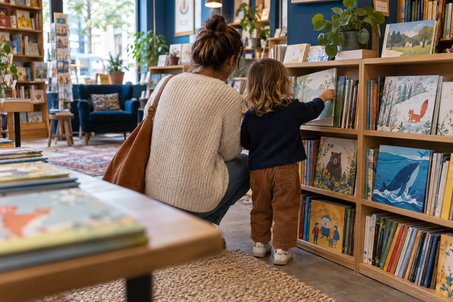 Parent et enfant choisissant ensemble un album illustré dans le rayon jeunesse d’une librairie