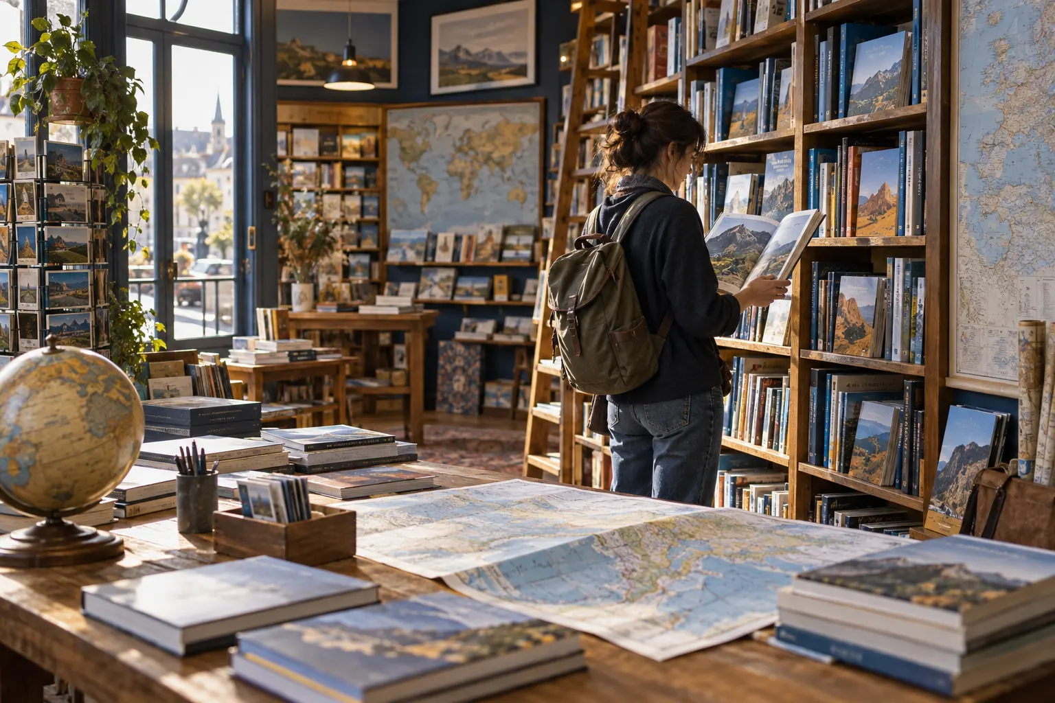 Lectrice parcourant les rayons et cartes d’une librairie spécialisée dans le voyage
