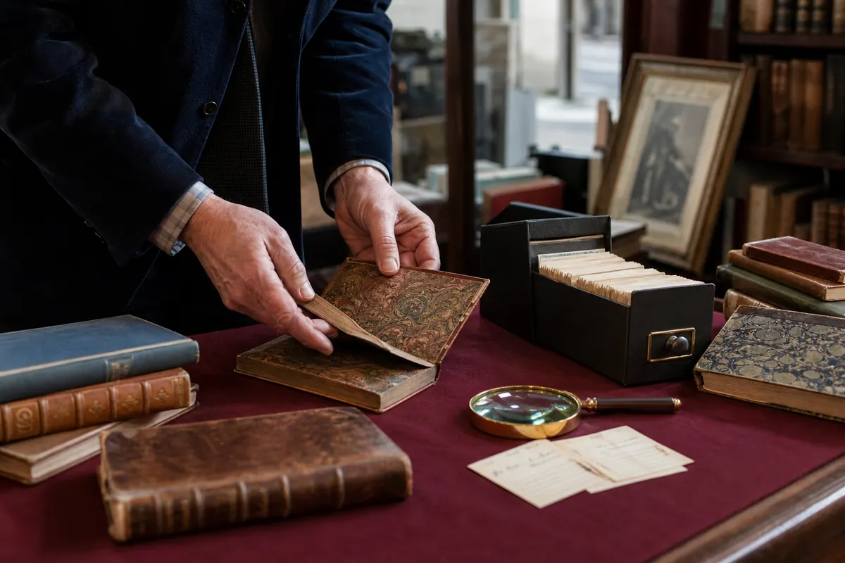 Libraire examinant avec soin la reliure et les gardes marbrées d’un livre ancien