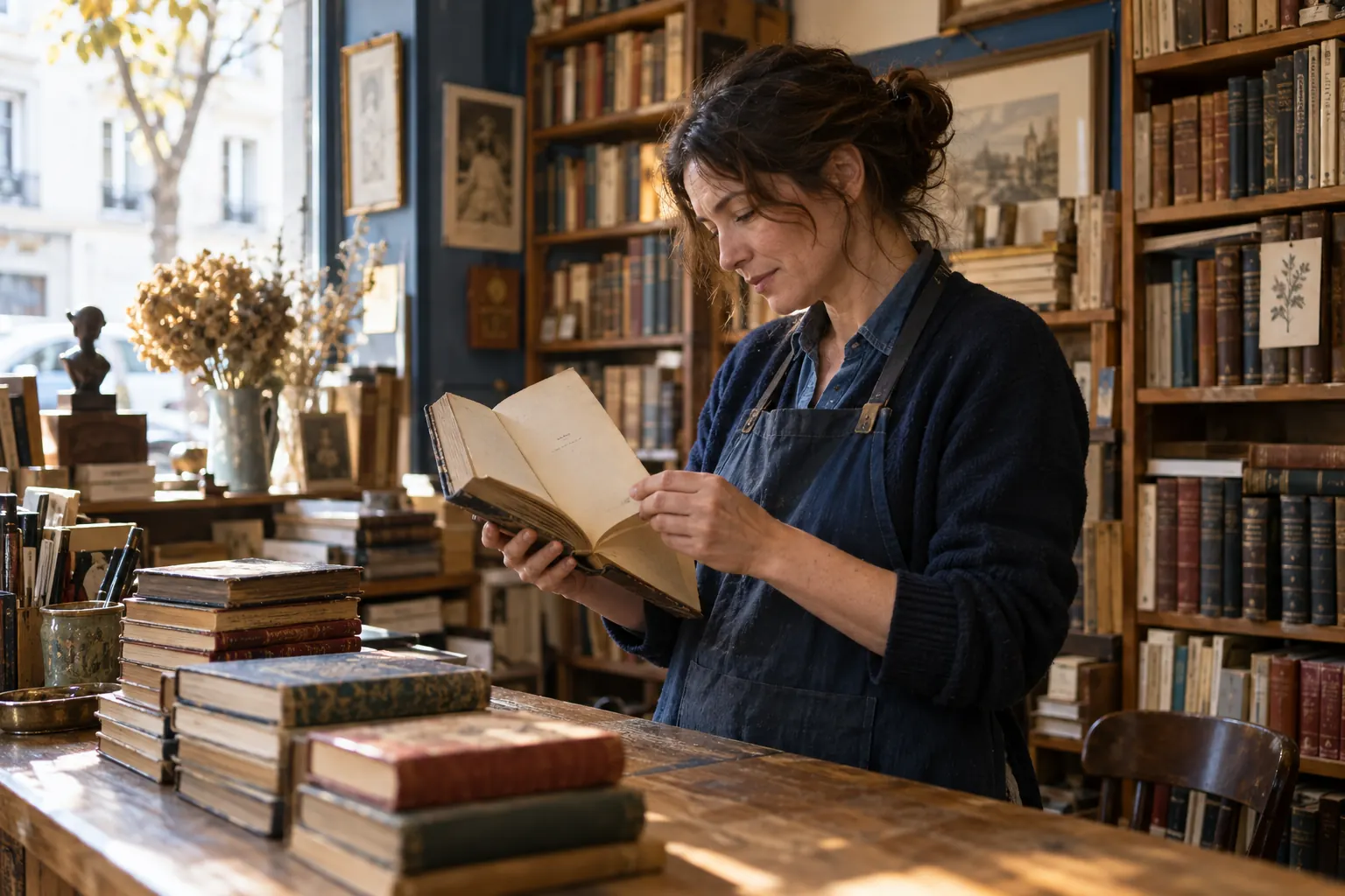 Libraire examinant la page de titre d’un ouvrage ancien pour aider à retrouver une édition