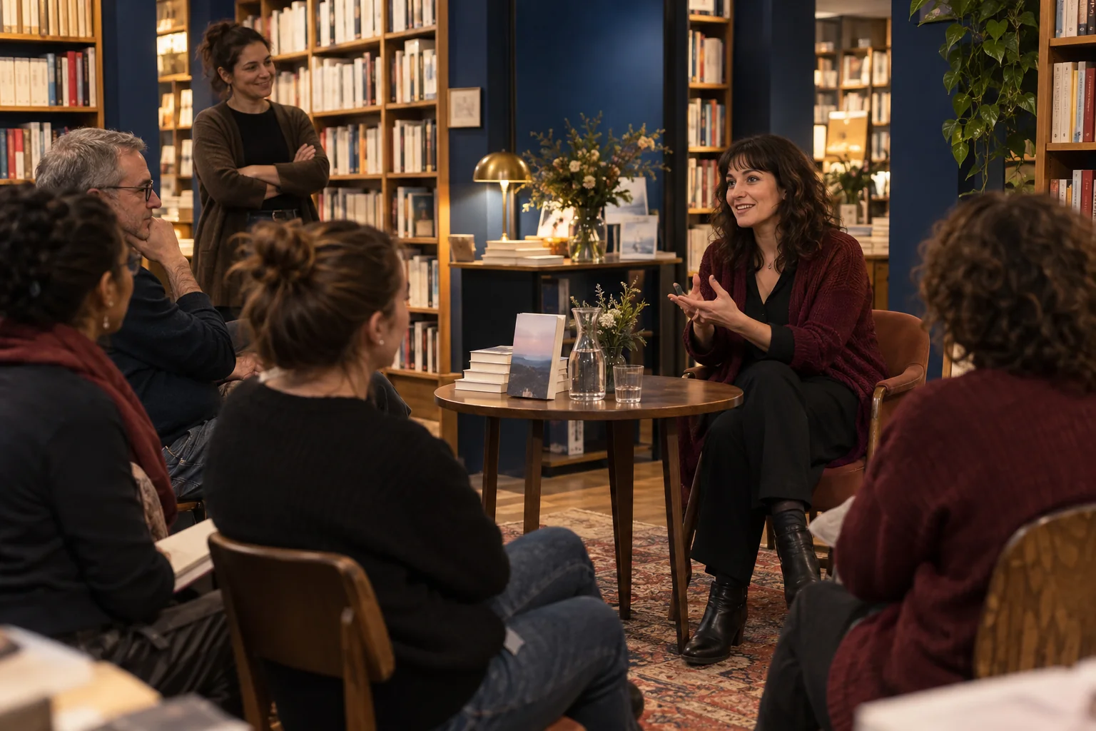 Autrice échangeant avec un petit cercle de lecteurs lors d’une rencontre en librairie