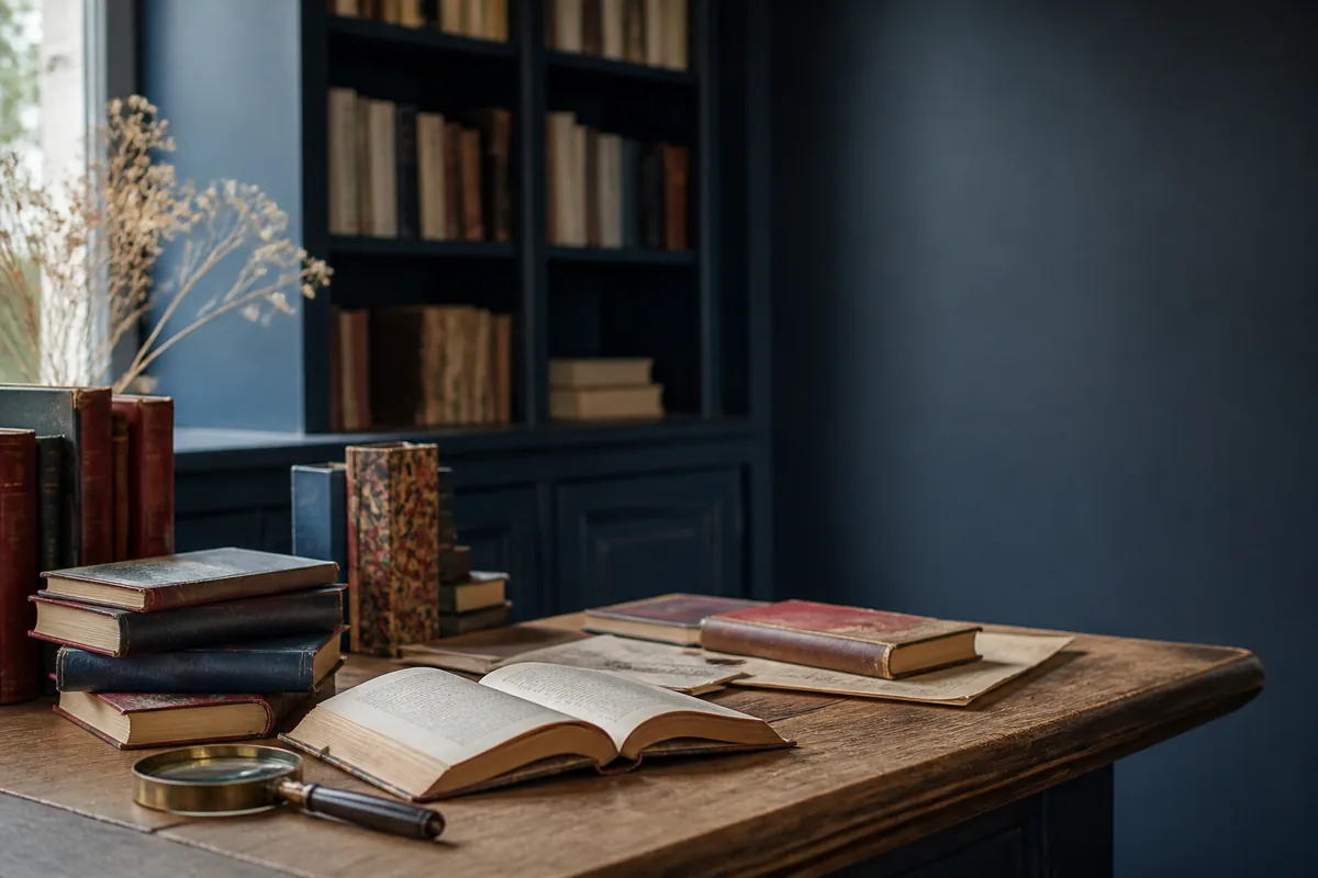 Livres anciens et contemporains, loupe et pages ouvertes sur une table de librairie