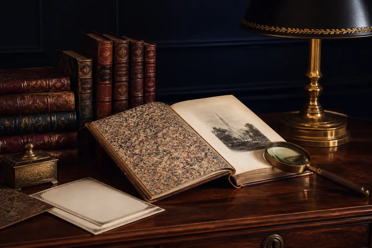 Livres anciens, papier marbré et loupe sur une table de lecture