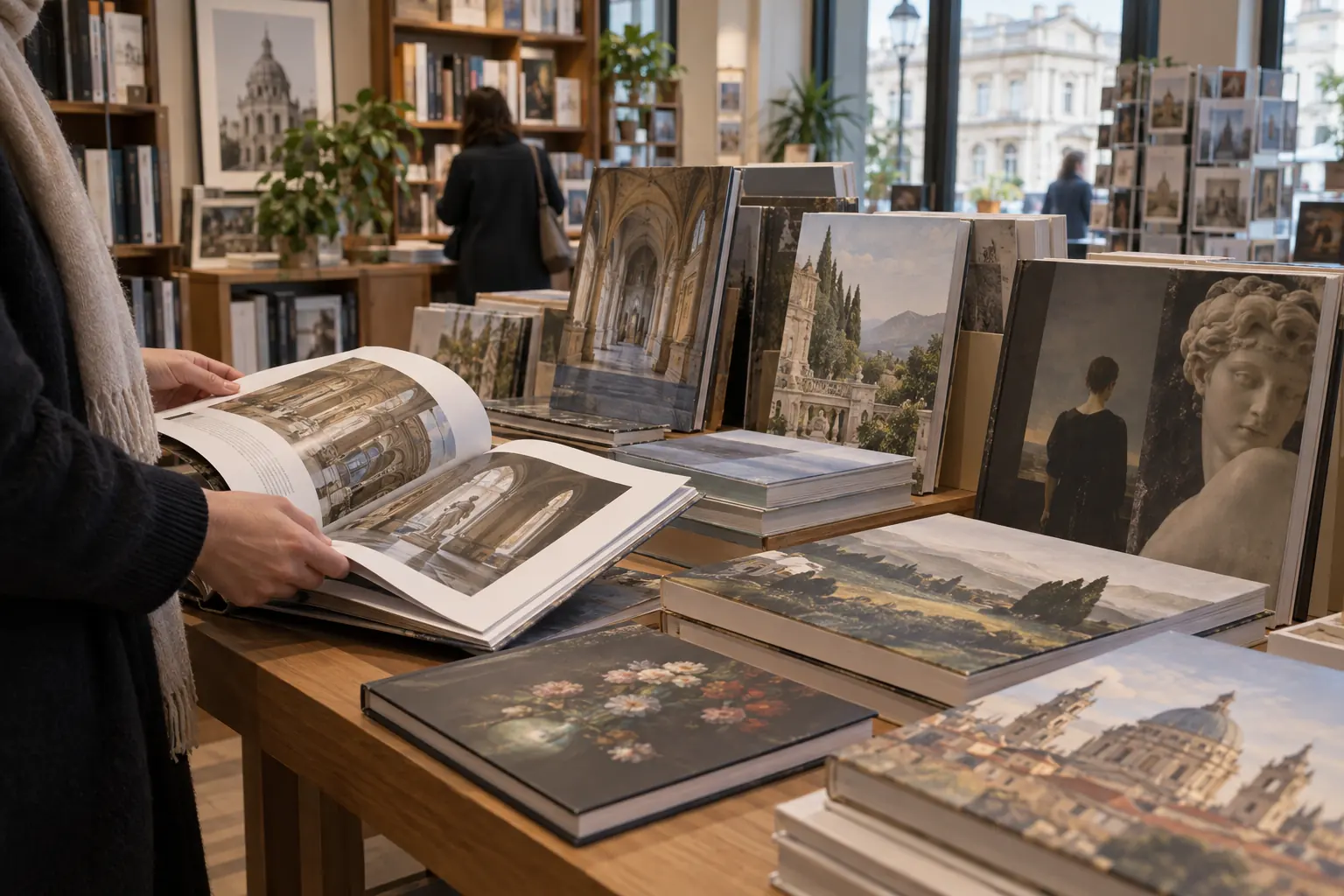 Livres d’art et catalogues illustrés sur une table de librairie