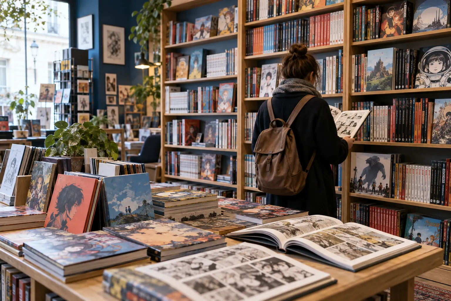Rayon de bandes dessinées et mangas dans une librairie