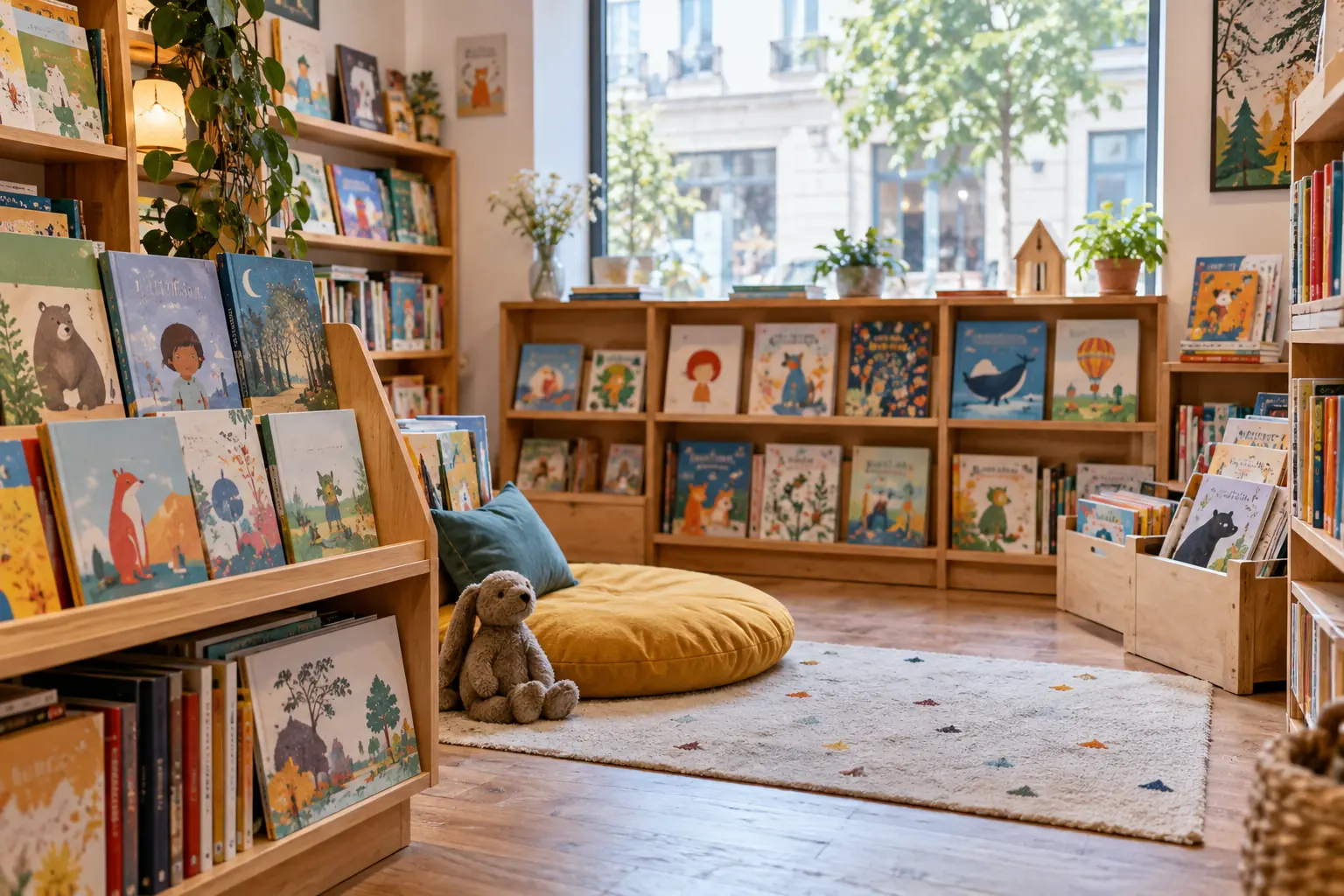 Rayon d’albums illustrés et de livres jeunesse dans une librairie