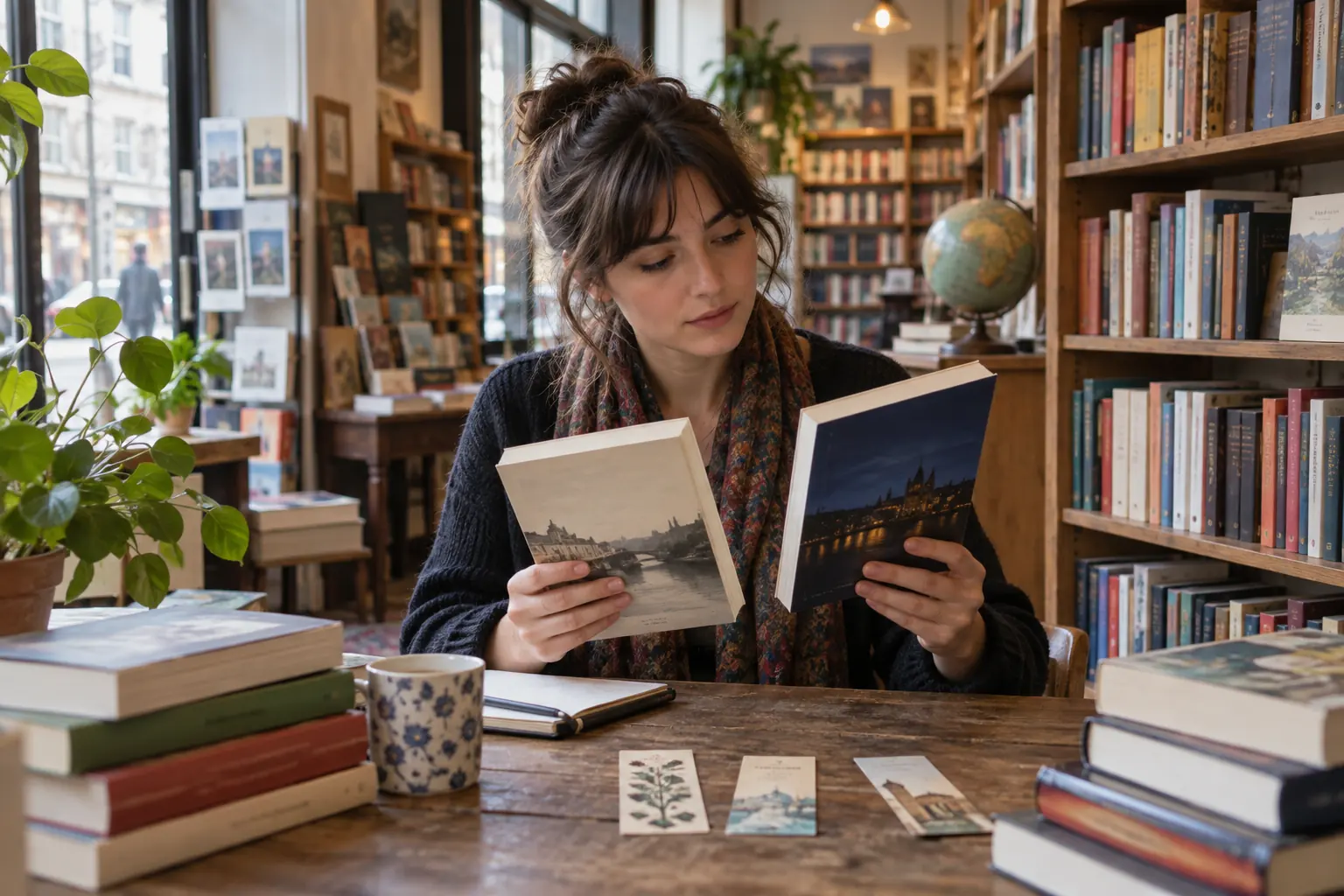 Lecteur comparant deux éditions de livres en langues originales
