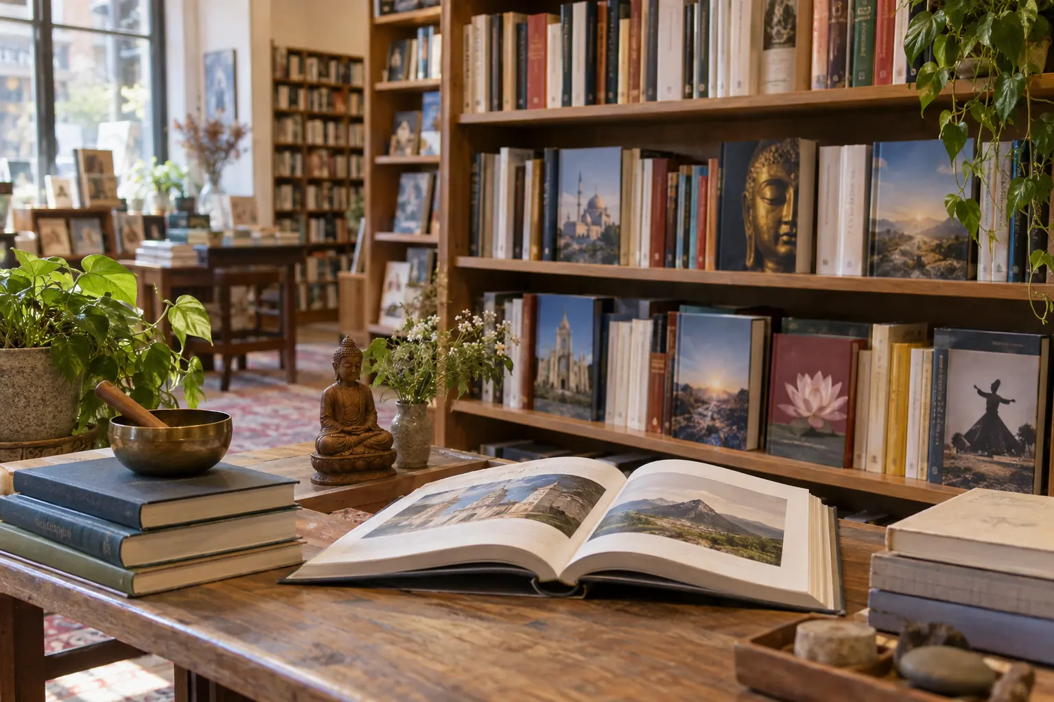 Livres sur les religions et la spiritualité disposés en librairie