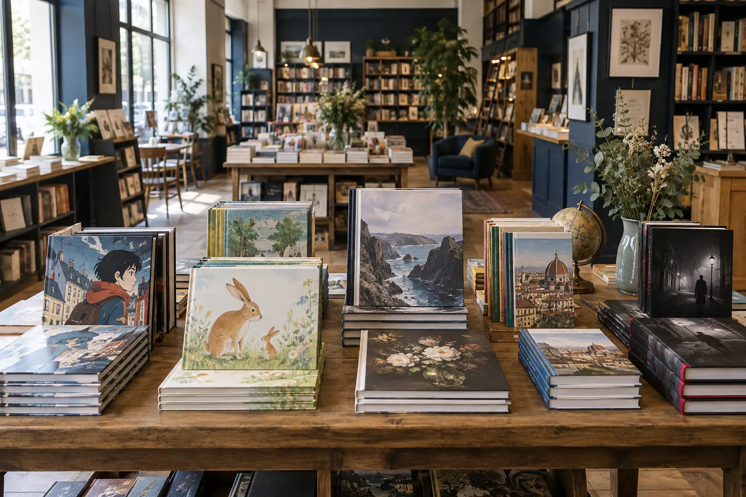 Table de livres représentant plusieurs spécialités de librairie